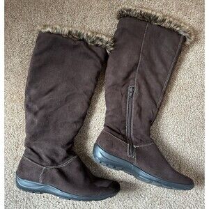 Natural Soul by Naturalizer Brown Faux Suede Tall Boots Faux Fur Trim Zip 6.5